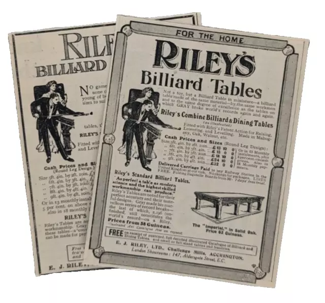 1912 Riley's Billiard Pool Tables Ads Lot Of 2 Punch Magazine UK Originals ~4x5"