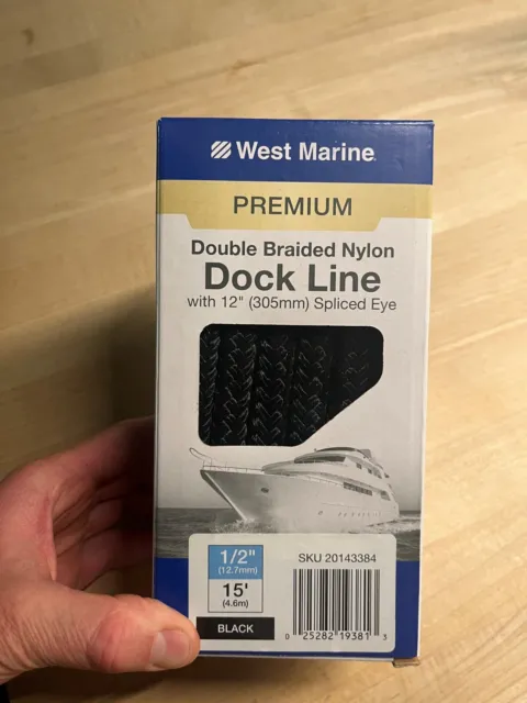 West Marine Premium Double Braided Nylon Dock Line, Black, 1/2", 15'