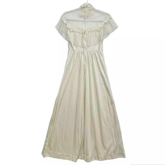 1970s Vintage Boho Prairie Wedding Dress Handmade Ivory White Flower Trim Satin 2