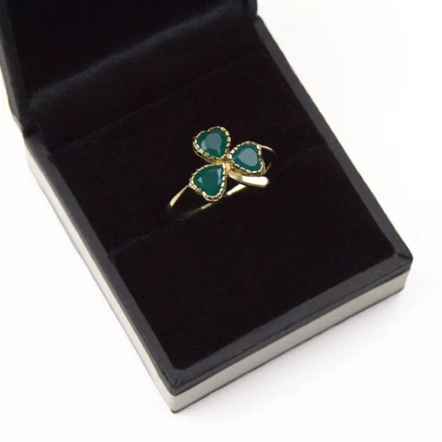 9ct Gold Lucky Shamrock Ring Ladies Set with Green Agate Handmade in UK