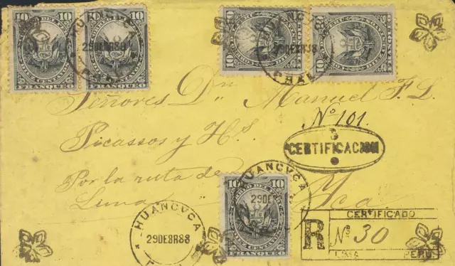 Perú. Umschlag Yvert 79 (5) . 1888. 10 Ctvos Grau Schwarz,Five Sellos. Urkunde D