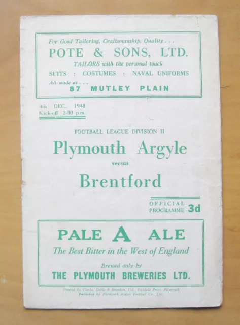 PLYMOUTH ARGYLE v BRENTFORD 1948/1949 *Good Condition Football Programme*