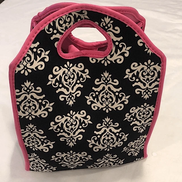 Lunch tote reusable pink & black boho print cutout handles pink ribbon bow tie