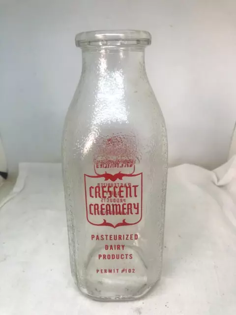 Vintage Quart Glass Dairy Milk Bottle Crescent Creamery Red Graphics
