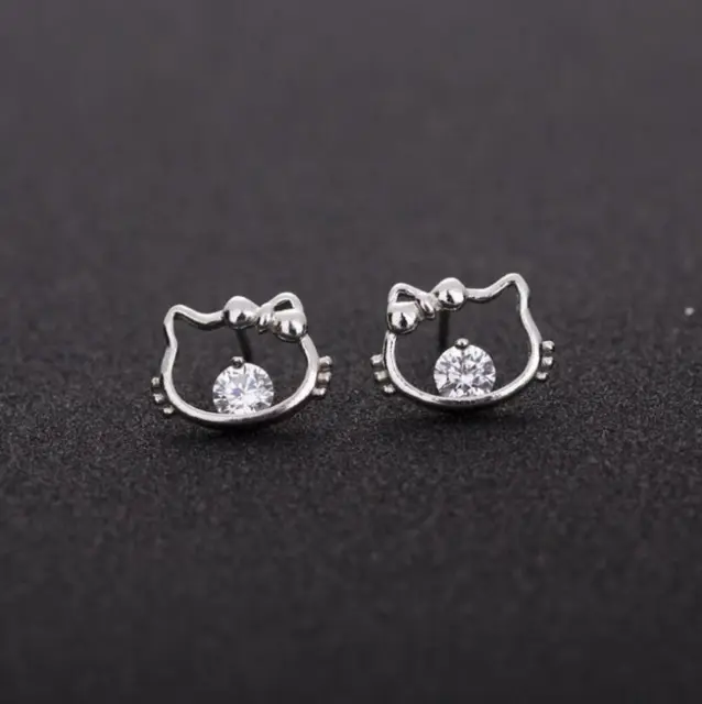 Pave Cubic Zirconia Silver Hello Kitty Cat Kitten Stud Earrings