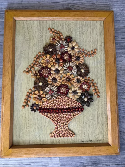 Flower Vase Bean Seed Art by Dr. Howard E Bauman Signed 1967
