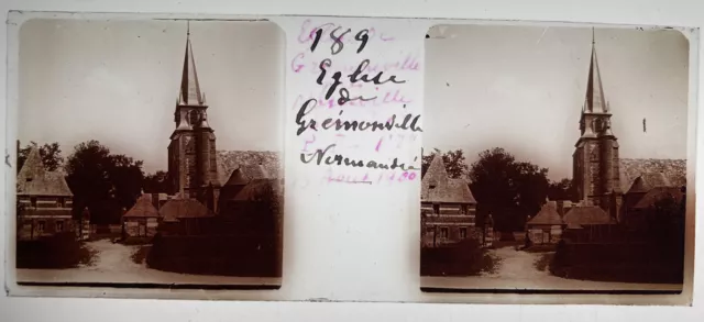 EGLISE GRÉMONVILLE 1901 PLAQUE PHOTO STEREO EN VERRE 45x107 VUE STEREOSCOPIQUE