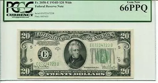 FR 2058-E 1934 D $20 Federal Reserve Note 66 PPQ GEM NEW