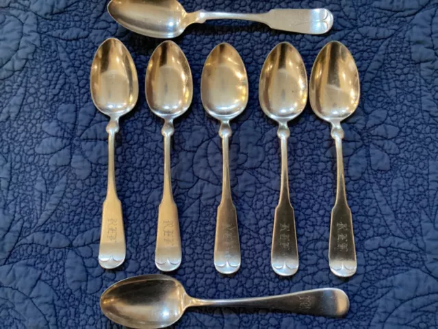collection of 7 antique silverplate Fiddle soup spoons