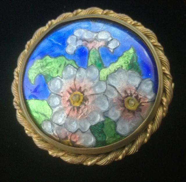 Bijou ancien broche ovale avec bouquet de fleurs roses