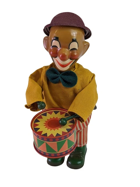 VINTAGE WIND UP TIN TOY CLOWN PLAYING DRUM WORKS GOOD 7.5" Tall Remake