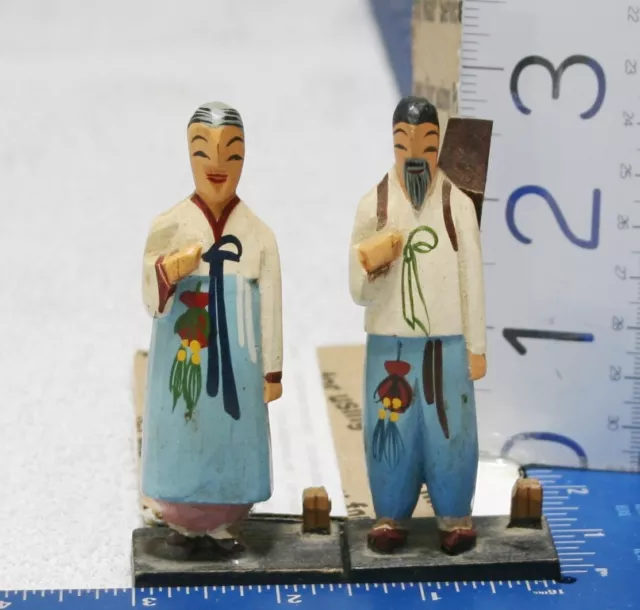 2 Vintage South Korea Hand Carved Painted Wood Figurines Man & Women 3"