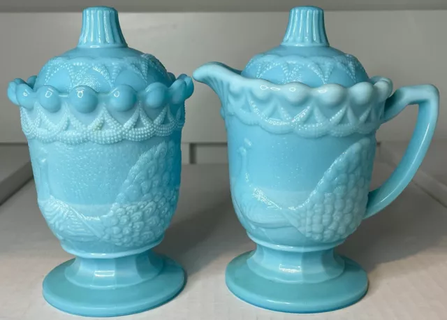 Vintage Westmoreland Turquoise Milk Glass Strutting Peacock Creamer Sugar & Lids