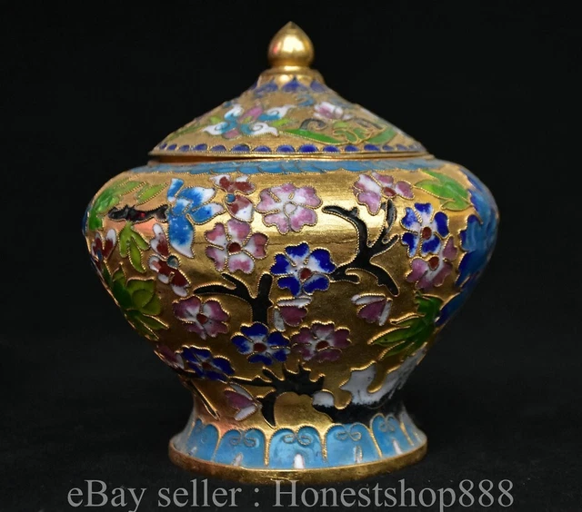 4.8" Old Chinese Copper Cloisonne Dynasty Flower Lid Jar Pot incense burner