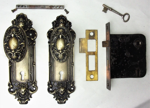 Antique Entrance Door Set Victorian / Eastlake Backplate Knob Mortise Lock Key
