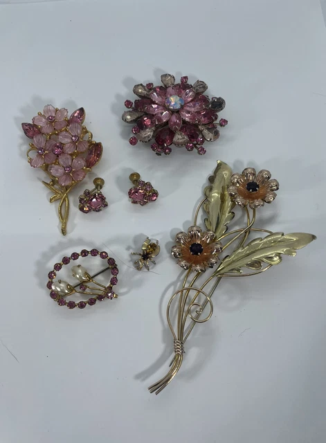 6 Pc Pink Crystal Brooches Pins + Earrings Austria Van DELL 1/20 12k GF + Vtg