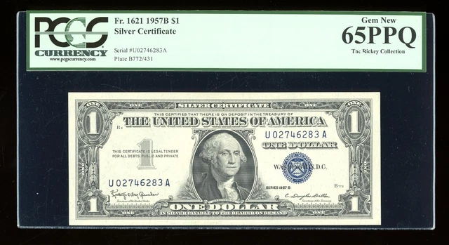 DBR $1 1957-B Silver Fr. 1621 UA Block Gem PCGS 65 PPQ Serial U02746283A