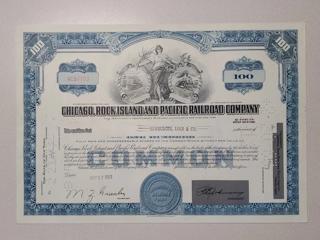 Chicago, Rock Island and Pacific Railroad Cancelled Stock Certificate