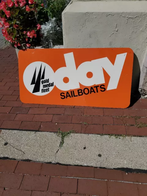 c.1970s Original Vintage Day Sailboats Sign Metal 2 Sided Gold Medal Fleet Boats