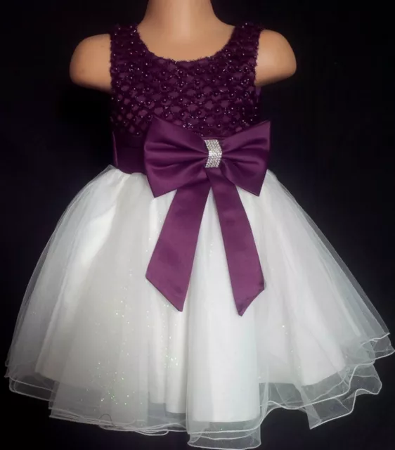 Grape Purple Ivory Flower Girl Bridesmaid Sparkly Diamante Party Dress 0m-13y