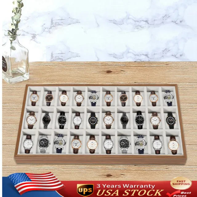 30 Slot Men Watch Box Wooden Display Case Organizer Show Tray Jewelry Storage US