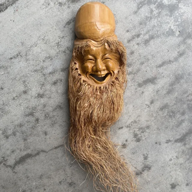 Bamboo Root Hand Carved  Wood Asian TIKI Bearded Happy Man Face Sculpture Mask