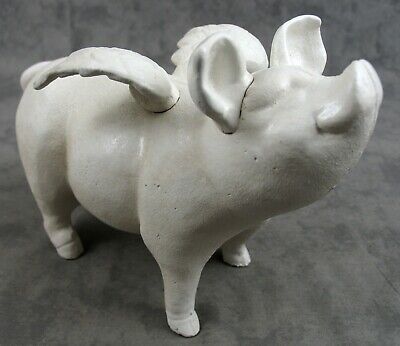 Large FLYING PIG BANK STATUE Heavy CAST IRON Piggy WHEN PIGS FLY Farmhouse Decor
