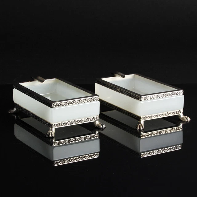 Francés Vidrio Opalino Cenicero Par Blanco Plata Metal Element Patrón