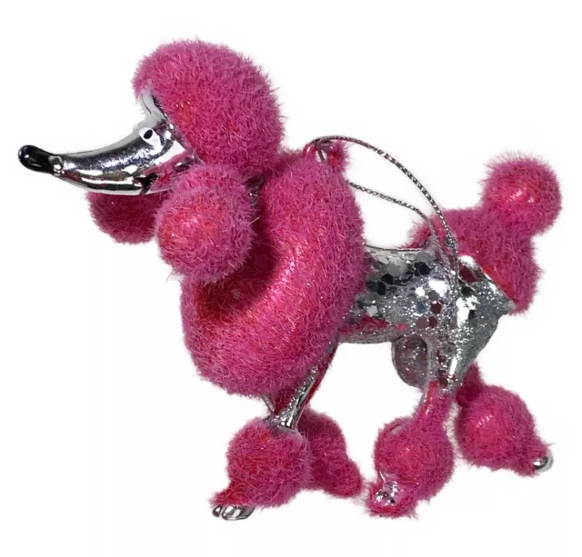 4” Bright Pink Poodle Sparkle Christmas Holiday Ornament Plastic Puppy Dog
