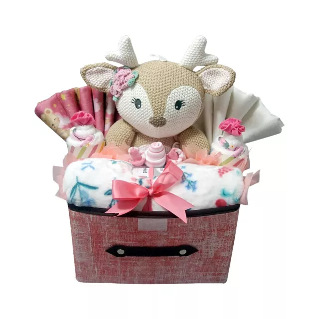 Knitted Fawn Rattle Cupcakes Baby Girl Hamper | Deluxe Newborn Gift