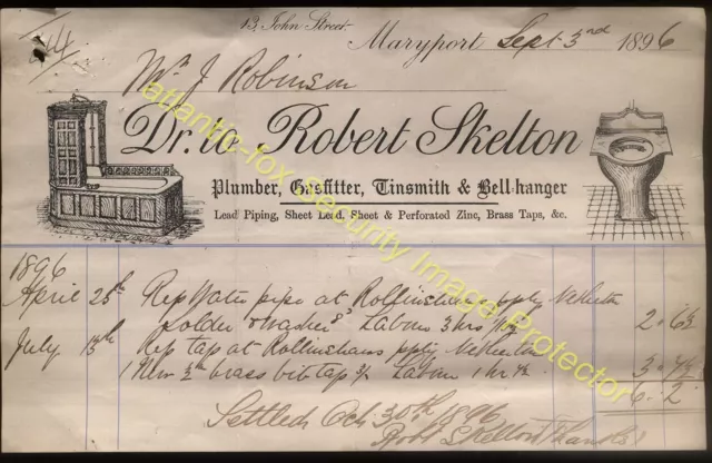 1896 MARYPORT CUMB. ROBERT SKELTON, PLUMBER, FASFITTER, LOVELY ILLUSTd PIECE