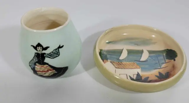 2 x Vintage Australian Art Pottery Hand Painted Vase & Bowl By Martin Boyd. AF