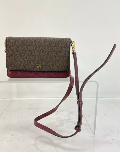 Michael Kors Burgundy Brown Leather Signature Coated Canvas Crossbody