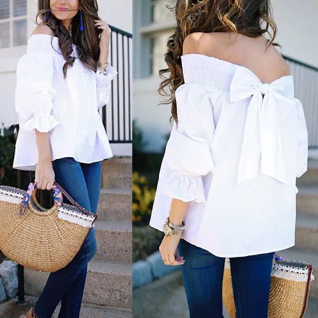 Women Blouse Spring Summer Casual Loose Bowknot Sexy Off Shoulder Strapless