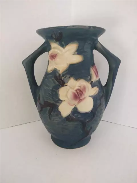Vintage Roseville 90-7 Double Handled Blue Magnolia Vase