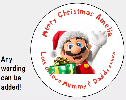 Personalised Stickers Labels Tags Circle Christmas Present Gift Super Mario