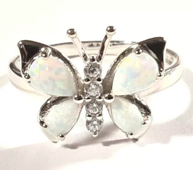 925 STERLING SILVER BUTTERFLY LAB WHITE OPAL & CZ SIZE 6.5 RING 2.7g