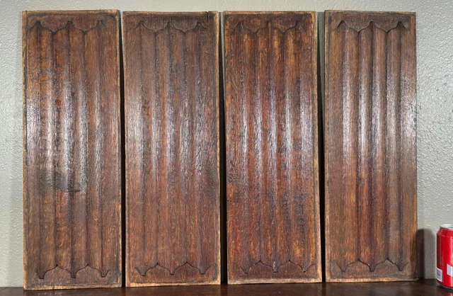 4 Antique French Gothic Revival Panels in Oak Wood with Linen Fold Carvings