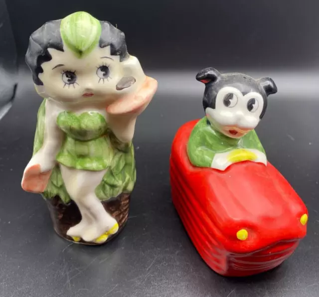 Vintage Betty Boop Salt & Pepper Shakers Green Leaf Dress Plant w/Bimbo in Car