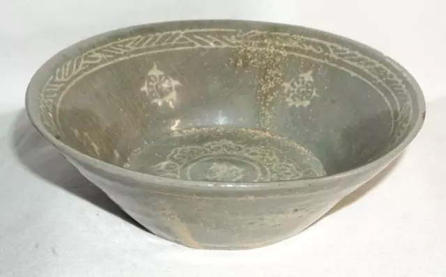 14C Korean Koryo Inlaid Pottery Bowl Celadon Glazed w. Floral Designs (JSt)1