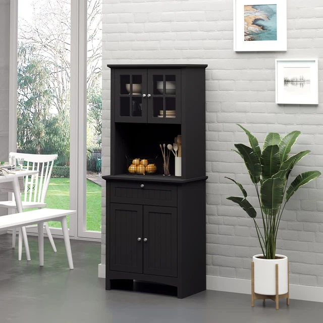 Wooden Dining Room Cupboard Pantry with Framed Glass Doors and Open Counter