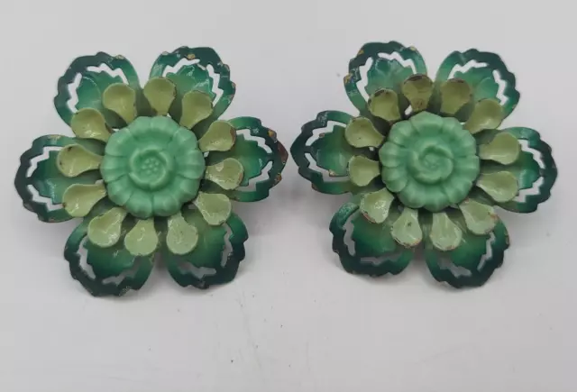 Lot 2 Vintage Drapery Curtain Tie Back Metal Flower Push Pin blue green 2" brad
