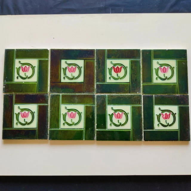 1940s Vintage Floral Design 8 PC Majolique Art Nouveau Architecture Tile England