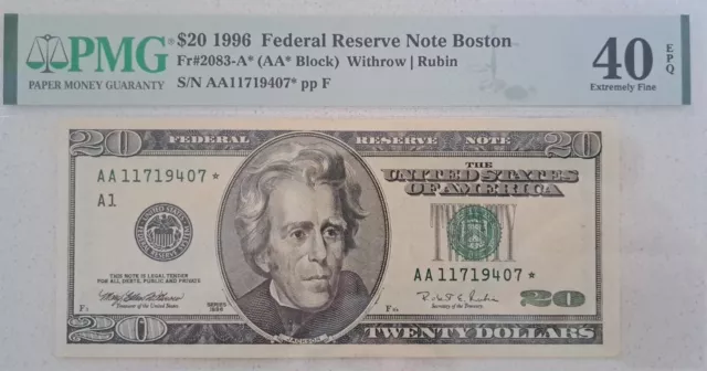 1996 $20 Federal Reserve STAR* Note Boston FRN FR 2083A PMG 40 EPQ