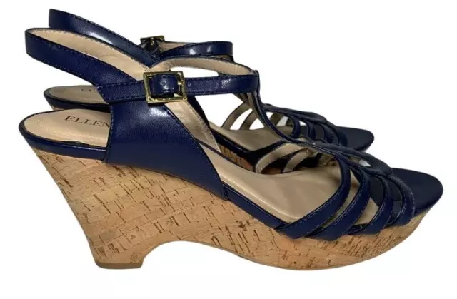 Ellen Tracy Blue Strap Cork Wedge Heel Platform Sandal Size 9.5 M