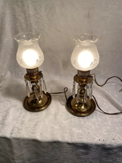Lovely Mid-Century PAIR OF BRASS BOUDOIR LAMPS w/ Crystal Prisms FROSTED GLASS