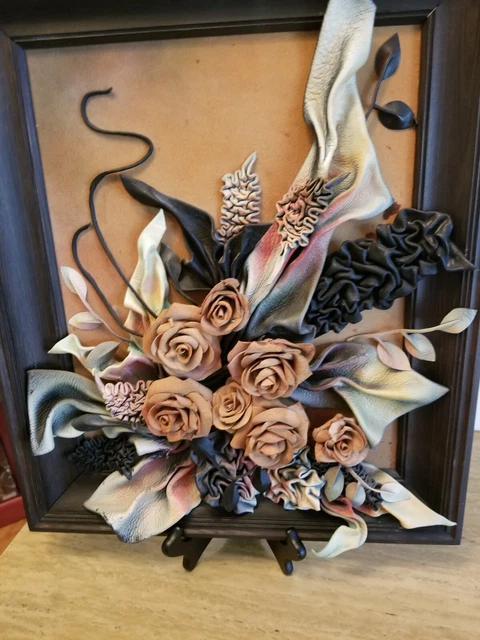 Vintage Handmade Flower Picture 7 Leather Roses Art Flowers. Frame 17.5"x 20.5".