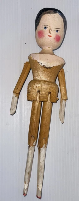 Antique German 11.5” Peg Wooden Grodnertal Lady Doll