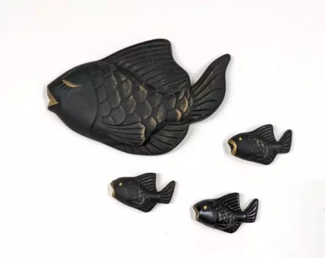 Vintage Chalkware Fish Set of 4 Black with Gold Trim Wall Plaque Miller Studio