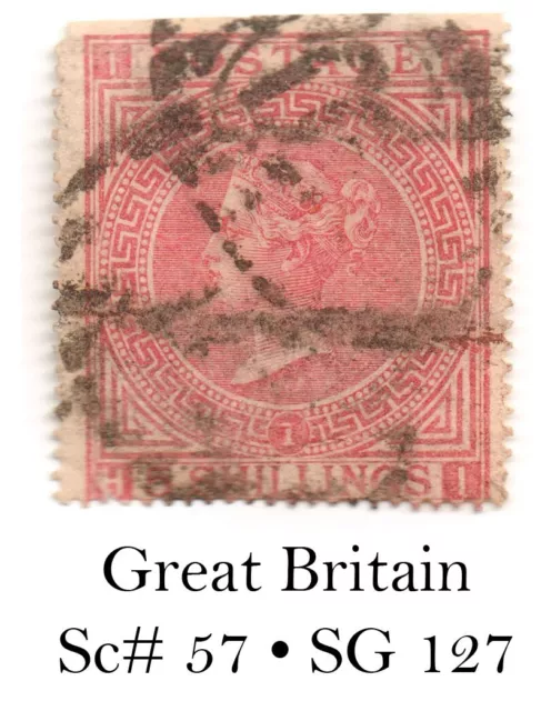 GoodChoice: GB UK QV 1867 SC57a SG127 (P1) 5/- wmk-26 rose F/VF used CV$835